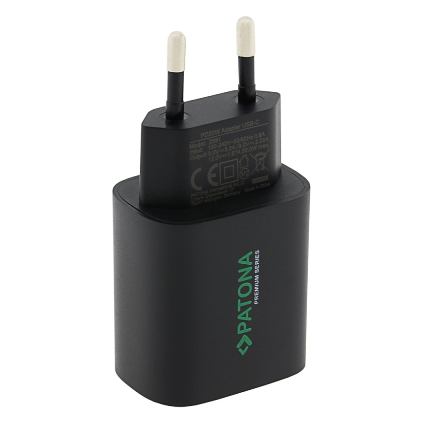PATONA - Polnilni adapter USB-C Power delivery 20W/230V črna