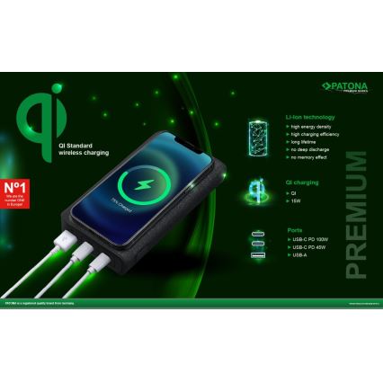 PATONA - Power Bank 20000mAh 100W Li-lon 2xUSB-C/1x USB-A s QI polnjenjem
