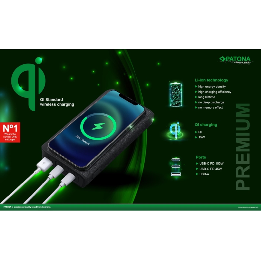 PATONA - Power Bank 20000mAh 100W Li-lon 2xUSB-C/1x USB-A s QI polnjenjem