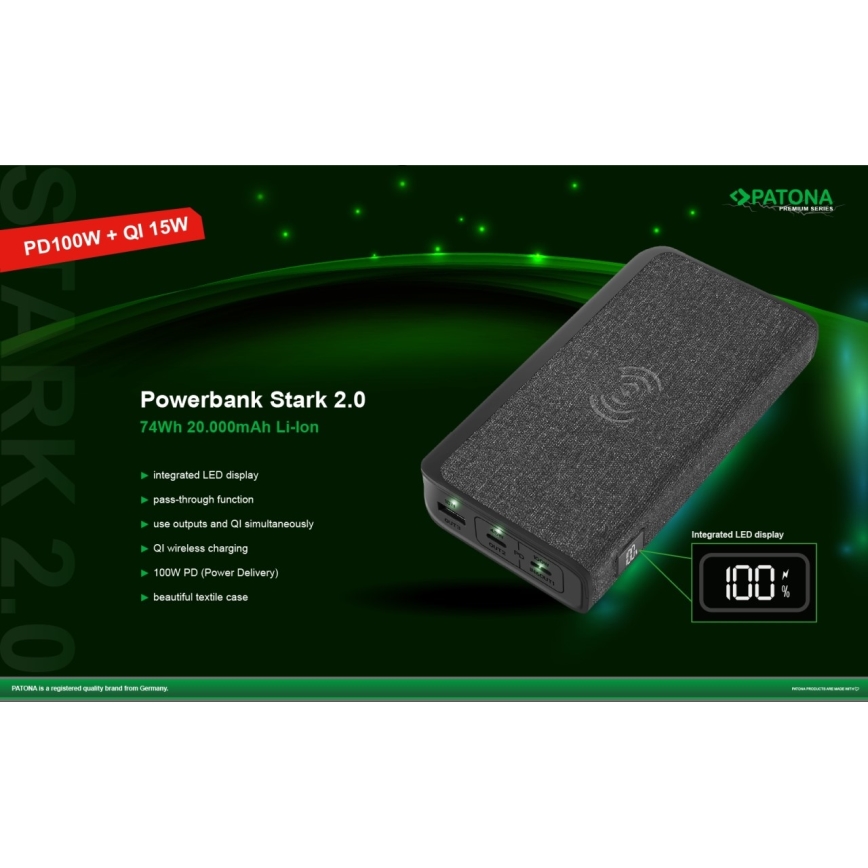 PATONA - Power Bank 20000mAh 100W Li-lon 2xUSB-C/1x USB-A s QI polnjenjem