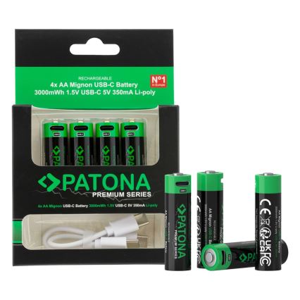 PATONA - SET 4x Baterija AA/LR6 Li-Pol 2000mAh 1,5Vs z USB-C polnjenje