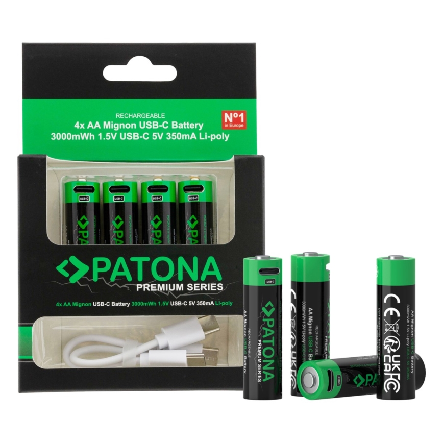 PATONA - SET 4x Baterija AA/LR6 Li-Pol 2000mAh 1,5Vs z USB-C polnjenje