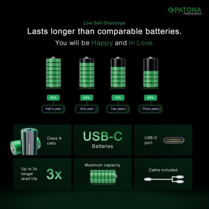 PATONA - SET 4x Baterija AA/LR6 Li-Pol 2000mAh 1,5Vs z USB-C polnjenje