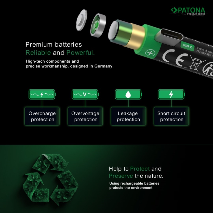PATONA - SET 4x Baterija AA/LR6 Li-Pol 2000mAh 1,5Vs z USB-C polnjenje