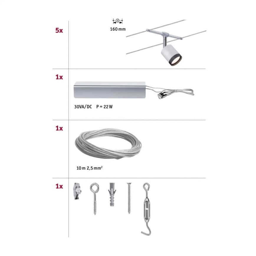Paulmann 3981 - Komplet 5xLED/4W Kompleten kabelski sistem TUBE 230V matiran krom/črna