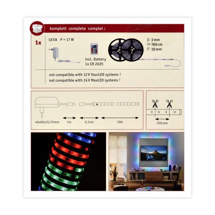 Paulmann 70514 - LED RGB/15W Zatemnitveni trak SIMPLED 7,5m 230V + Daljinski upravljalnik