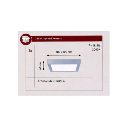 Paulmann 70650 - LED/17W Stropna svetilka LUNAR 230V 30x30 cm mat krom