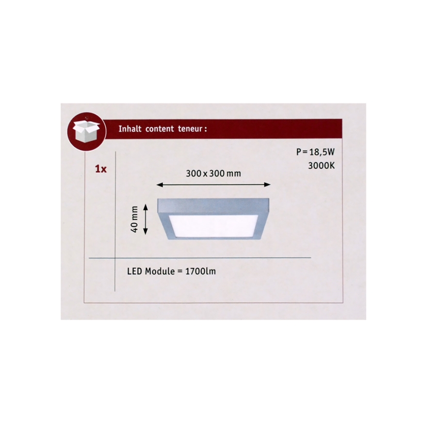 Paulmann 70650 - LED/17W Stropna svetilka LUNAR 230V 30x30 cm mat krom