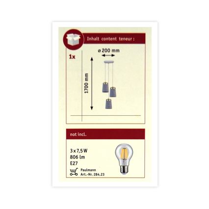 Paulmann 79627 - Lestenec na vrvici NORELL 3xE27/20W/230V