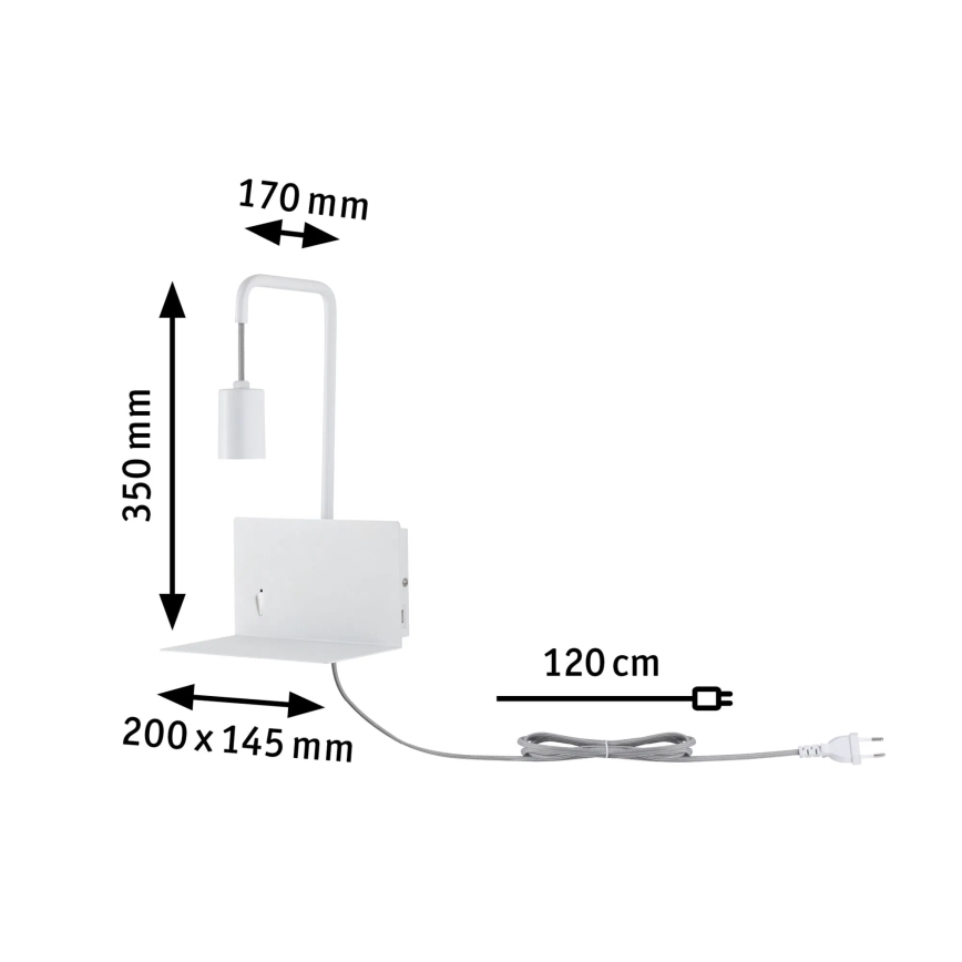 Paulmann 79812 - 1xE27/40W Stenska svetilka s polico in USB CALVANI 230V bela