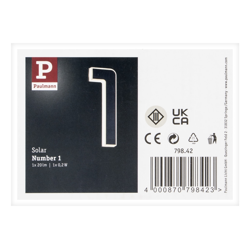 Paulmann 79842 - LED/0,2W IP44 Solarna hišna številka 1,2V 1500 mAh