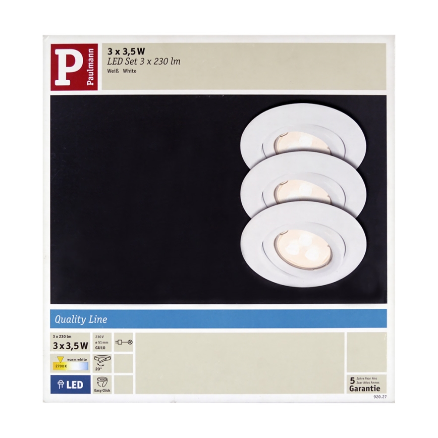 Paulmann 92027 - KOMPLET 3x LED Vgradna svetilka QUALITY LINE 3xGU10-LED/3,5W