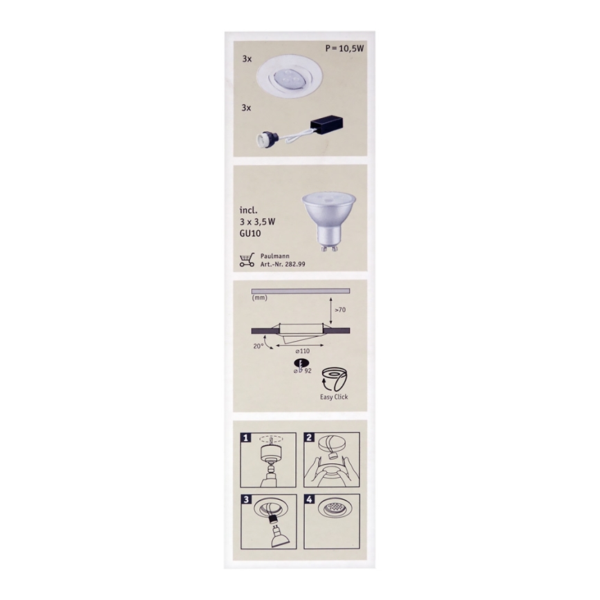 Paulmann 92027 - KOMPLET 3x LED Vgradna svetilka QUALITY LINE 3xGU10-LED/3,5W