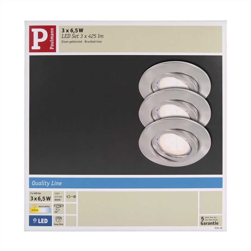 Paulmann 92028 - KOMPLET 3x LED Vgradna svetilka QUALITY LINE 3xGU10-LED/6,5W