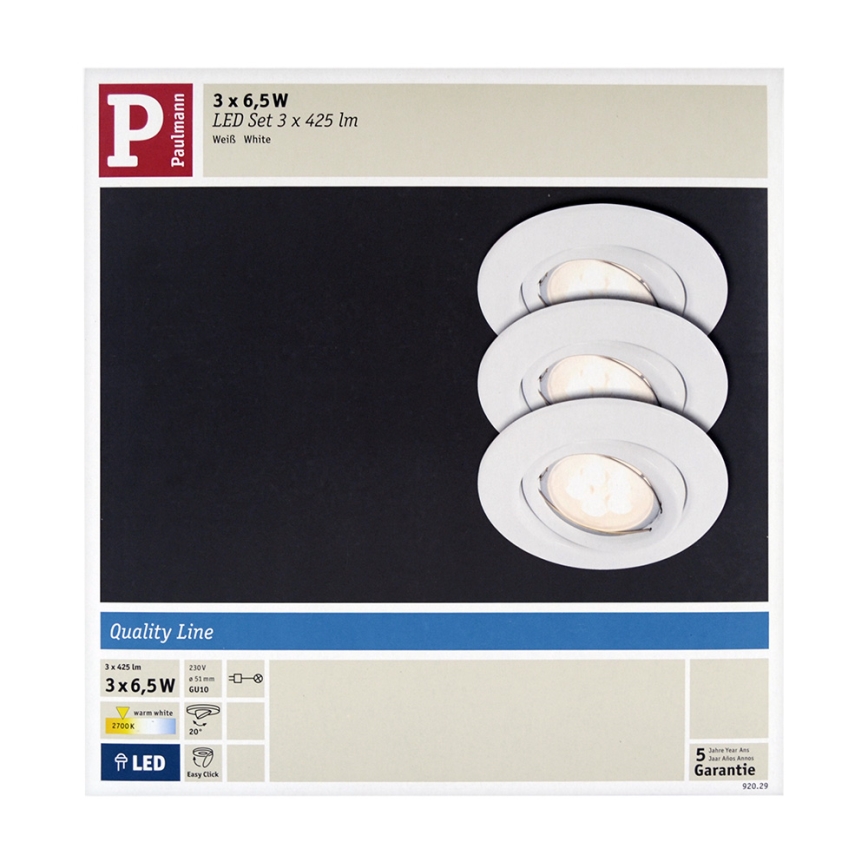 Paulmann 92029 - KOMPLET 3x LED Vgradna svetilka QUALITY LINE 3xGU10-LED/6,5W