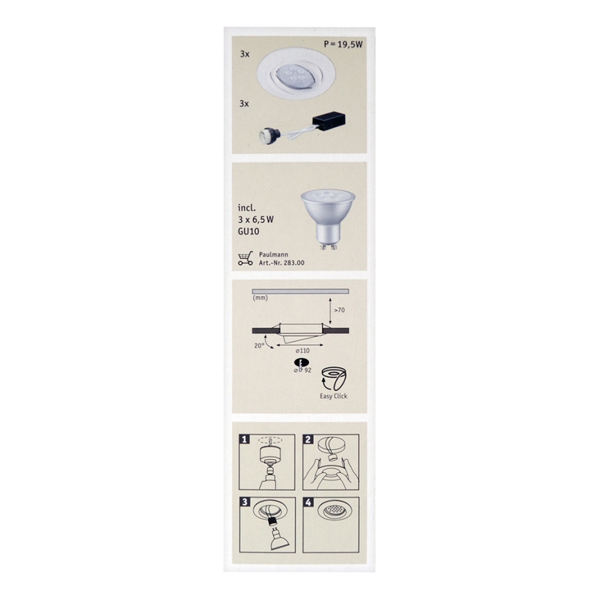 Paulmann 92029 - KOMPLET 3x LED Vgradna svetilka QUALITY LINE 3xGU10-LED/6,5W
