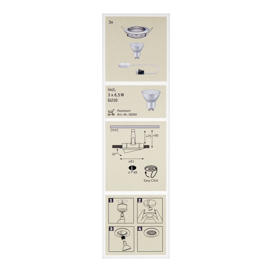 Paulmann 92102 - KOMPLET 3xLED-GU10/6,5W Vgradna svetilka 230V