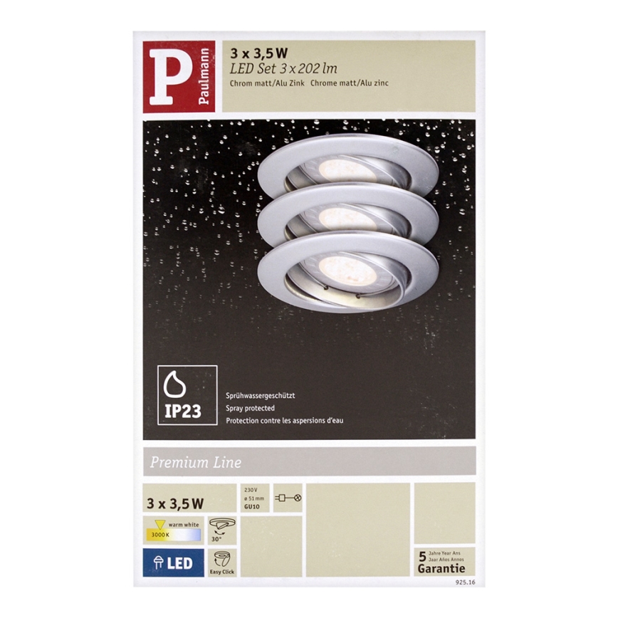 Paulmann 92516 - SET 3xLED-GU10/3,5W Kopalniška vgradna svetilka PREMIUM LINE 230V