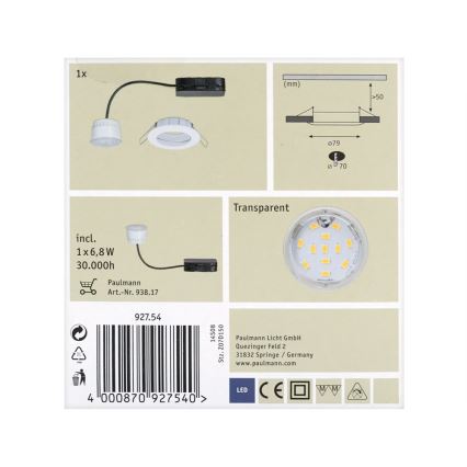 Paulmann 92754 - LED/6,8W IP44 Kopalniška vgradna svetilka COIN 230V