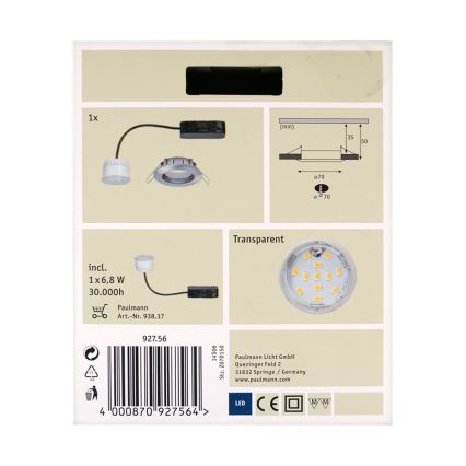 Paulmann 92756 - LED Kopalniška vgradna svetilka COIN 1xLED/6,8W/230V IP44