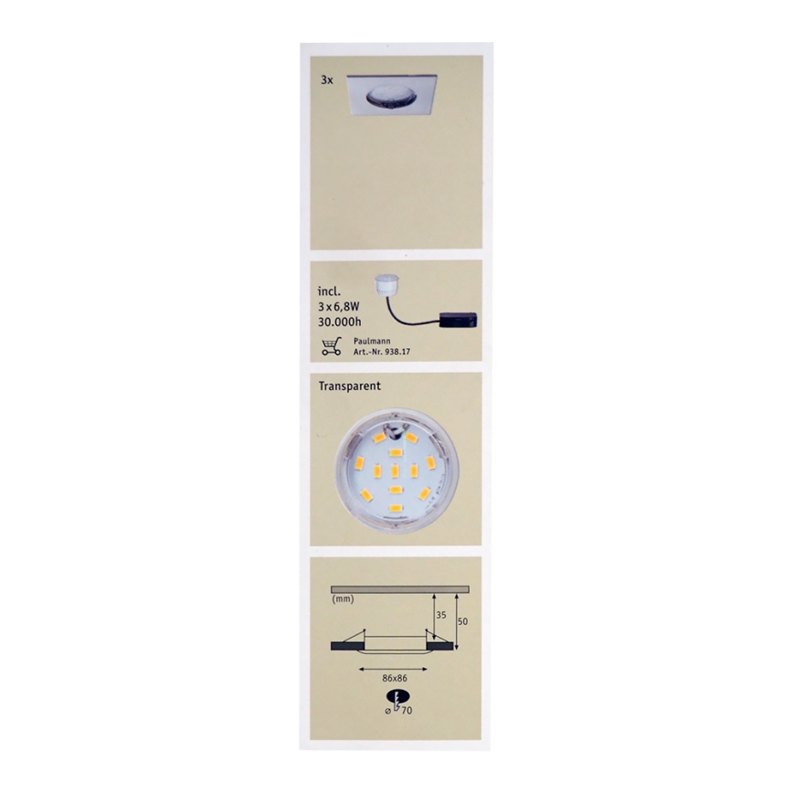 Paulmann 92762 - KOMPLET 3xLED/6,8W IP44 Kopalniška vgradna svetilka PREMIUM 230V