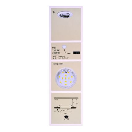 Paulmann 92770 - KOMPLET 3x LED Kopalniška vgradna svetilka COIN 3xLED/6,8W/230V