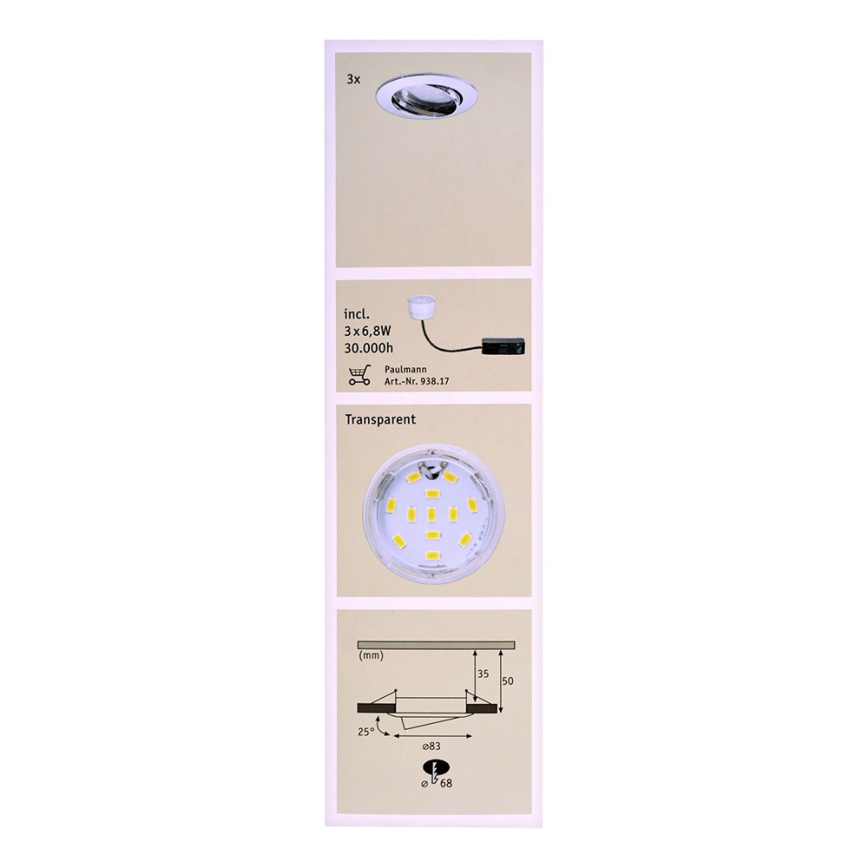 Paulmann 92770 - KOMPLET 3x LED Kopalniška vgradna svetilka COIN 3xLED/6,8W/230V