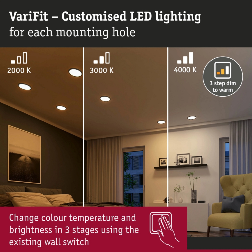 Paulmann 93102 - LED/16W IP44 Zatemnljiva vgradna kopalniška svetilka AREO 230V 2000/3000/4000K premer 23 cm črna