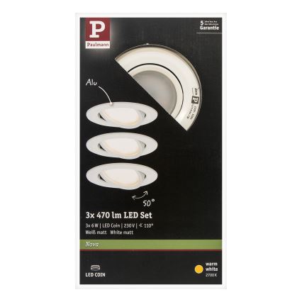 Paulmann 93449 - KOMPLET 3xLED/6,5W IP23 Kopalniška vgradna svetilka NOVA 230V