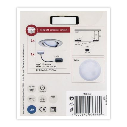 Paulmann 93866 - LED/6,8W IP23 Kopalniška vgradna svetilka COIN 230V