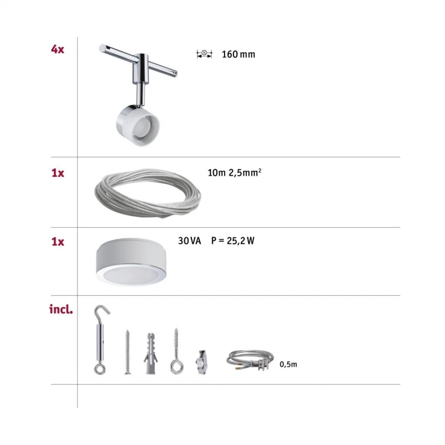 Paulmann 94080 - Komplet 4×LED/4,8 W, sistem z napetim kablom STAGE 230 V, sijajni krom