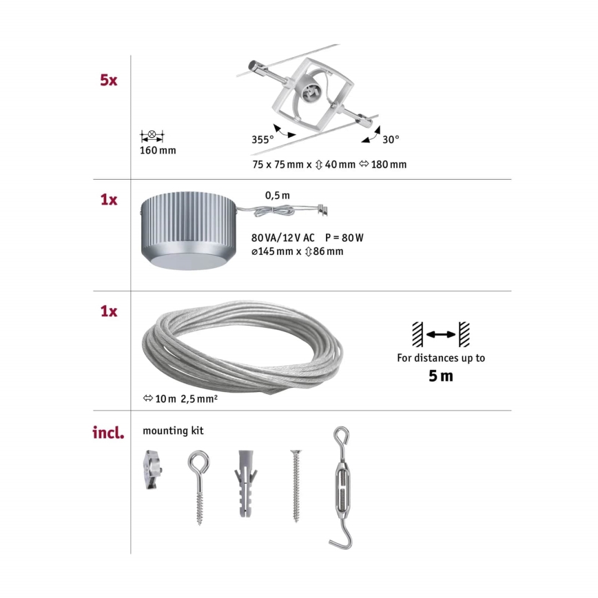 Paulmann 94133 - Komplet 5xGU5,3/10W popoln kabelski sistem MAC 230V mat krom