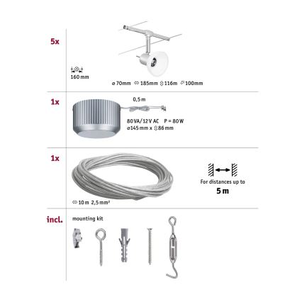 Paulmann 94136 - SET 5xGU5,3/10W Reflektor za tračni sistem SHEELA 230V sijajni krom