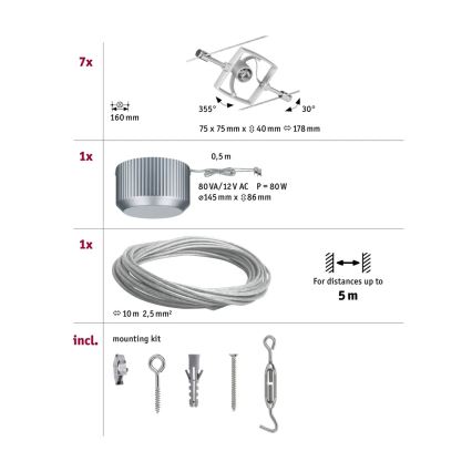 Paulmann 94152 - Komplet 7xGU5,3/10W, popoln kabelski sistem MAC 230V, mat krom