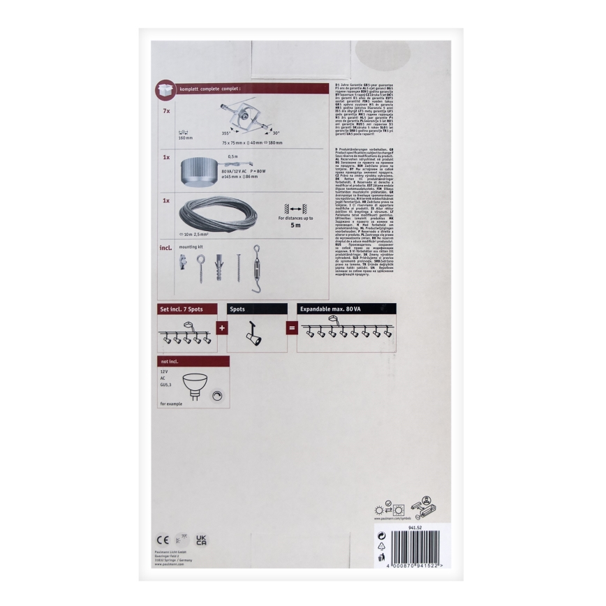 Paulmann 94152 - Komplet 7xGU5,3/10W, popoln kabelski sistem MAC 230V, mat krom