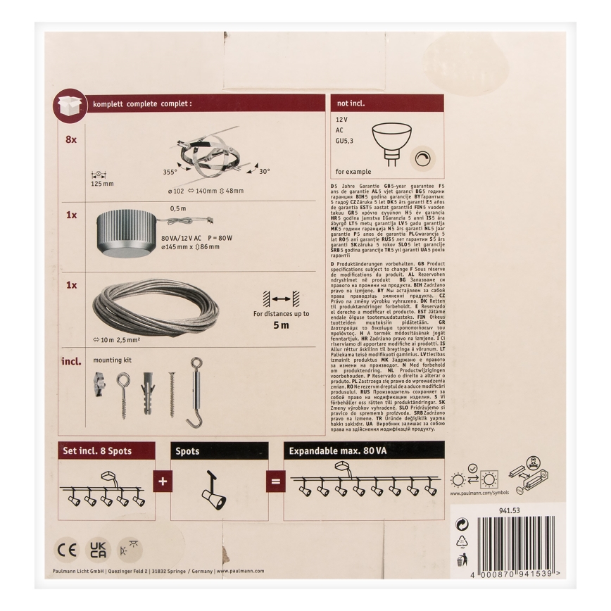 Paulmann 94153 - SET 8xGU5,3/10W Reflektor za tračni sistem CARDAN 230V