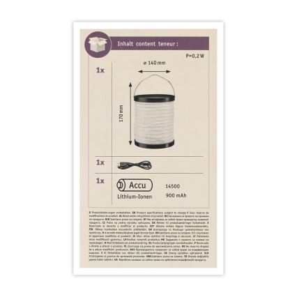 Paulmann 94169 - LED/0,2W IP44 Dekorativna zunanja razsvetljava MOBILE 3,7V 900 mAh