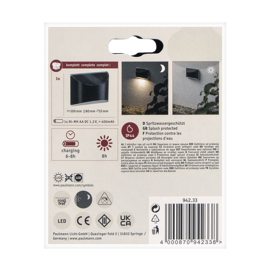 Paulmann 94233 - LED/0,05W IP44 Stenska solarna svetilka ELLIOT 1,2V 400 mAh
