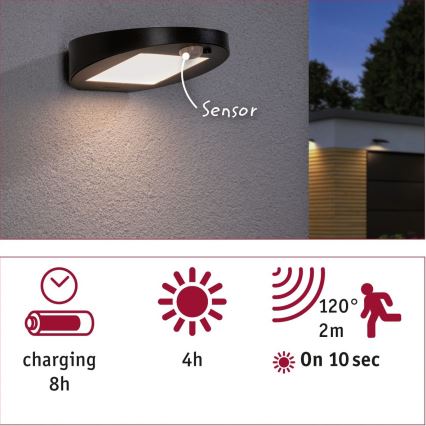 Paulmann 94246 - LED/1,2W IP44 Zunanja solarna svetilka s senzorjem RYSE 3,7V 1800 mAh
