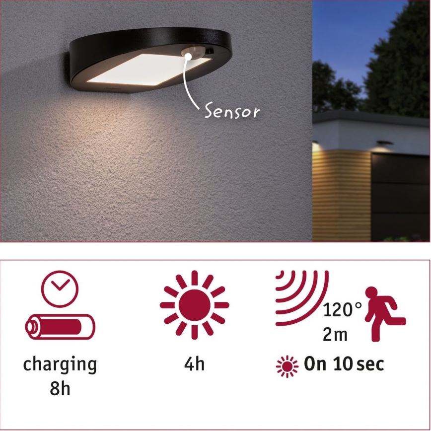 Paulmann 94246 - LED/1,2W IP44 Zunanja solarna svetilka s senzorjem RYSE 3,7V 1800 mAh