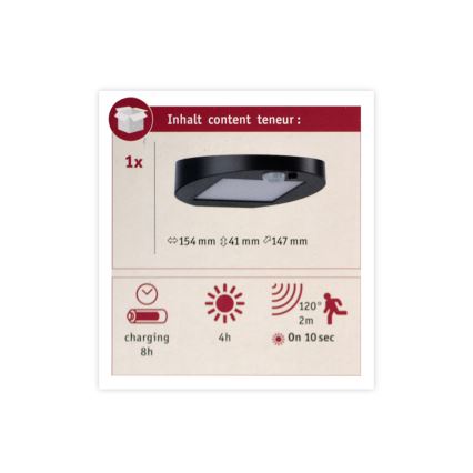 Paulmann 94246 - LED/1,2W IP44 Zunanja solarna svetilka s senzorjem RYSE 3,7V 1800 mAh