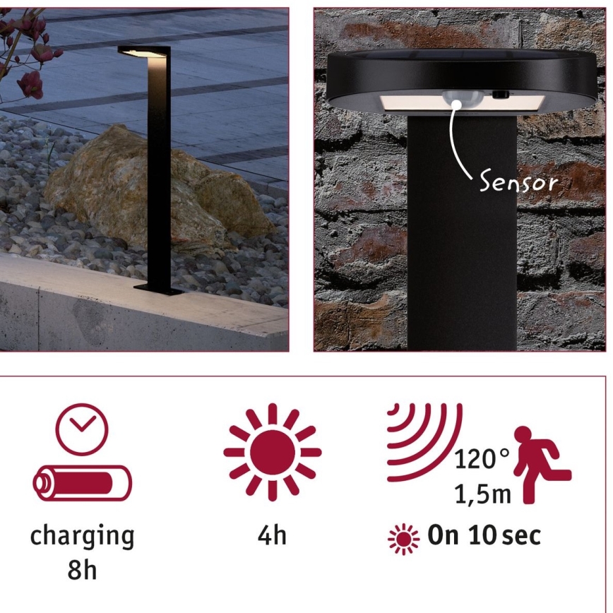 Paulmann 94249 - LED/1,2W IP44 Zunanja solarna svetilka s senzorjem RYSE 3,7V 1800 mAh