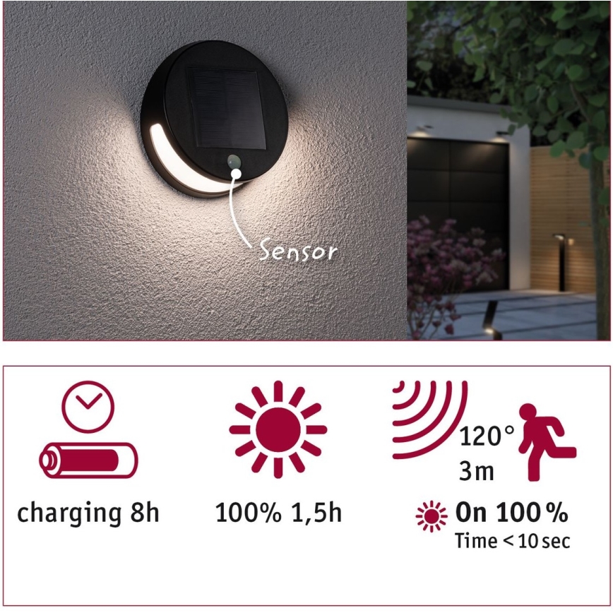 Paulmann 94265 - LED/3W IP44 Zunanja solarna svetilka s senzorjem HELENA 3,7V 1800 mAh