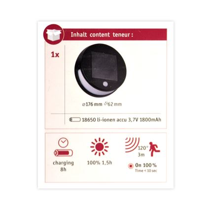 Paulmann 94265 - LED/3W IP44 Zunanja solarna svetilka s senzorjem HELENA 3,7V 1800 mAh