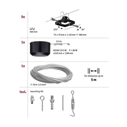 Paulmann 94290 - SET 5xGU5,3/10W Reflektor za tračni sistem MAC 230V črna