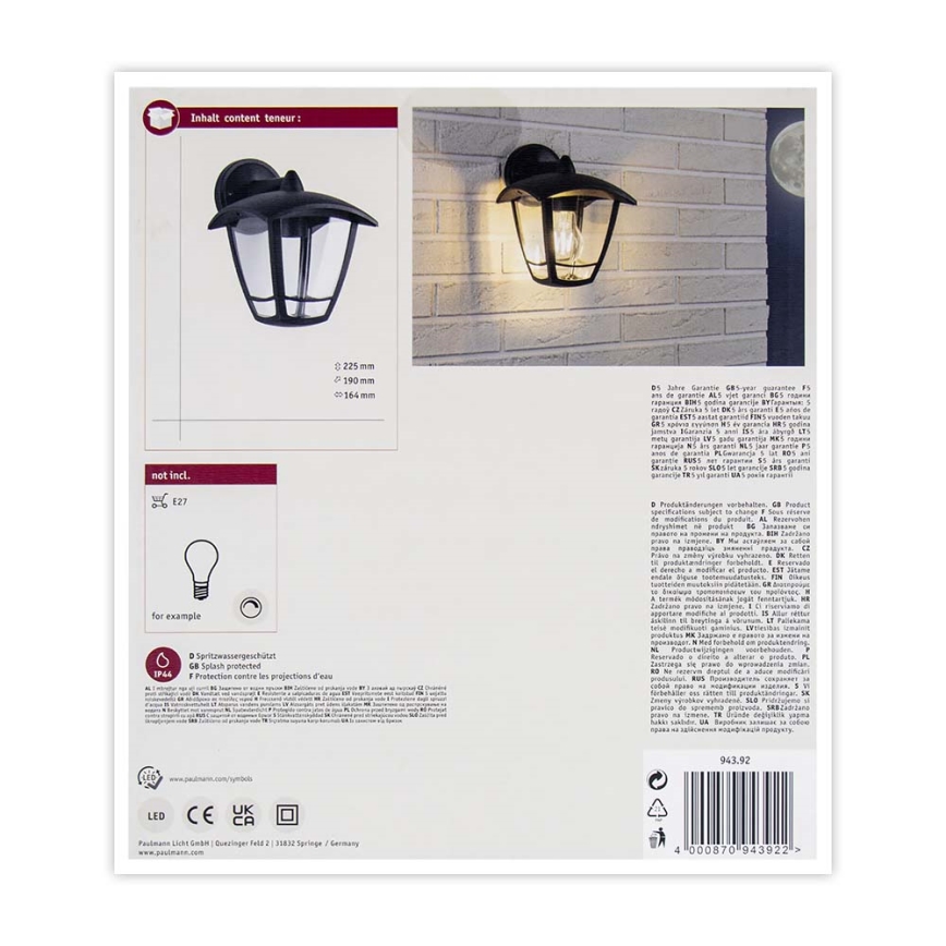 Paulmann 94392 - 1xE27/12W IP44 Zunanja stenska svetilka CLASSIC 230V