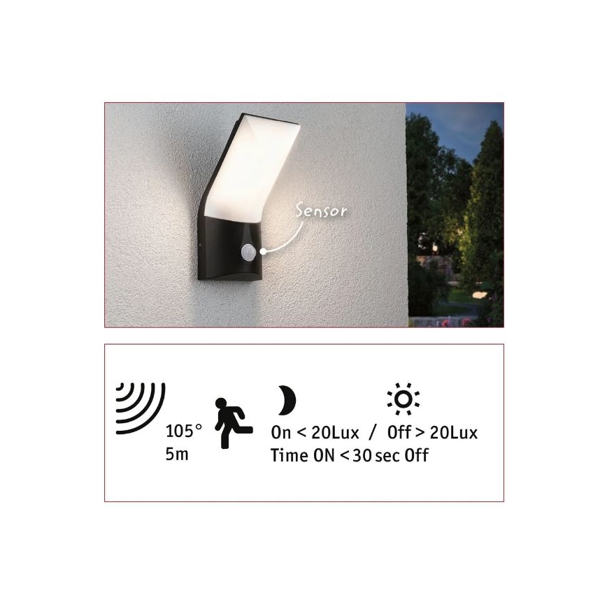 Paulmann 94402 - LED/10W IP44 Zunanja stenska svetilka s senzorjem ADYA 230V