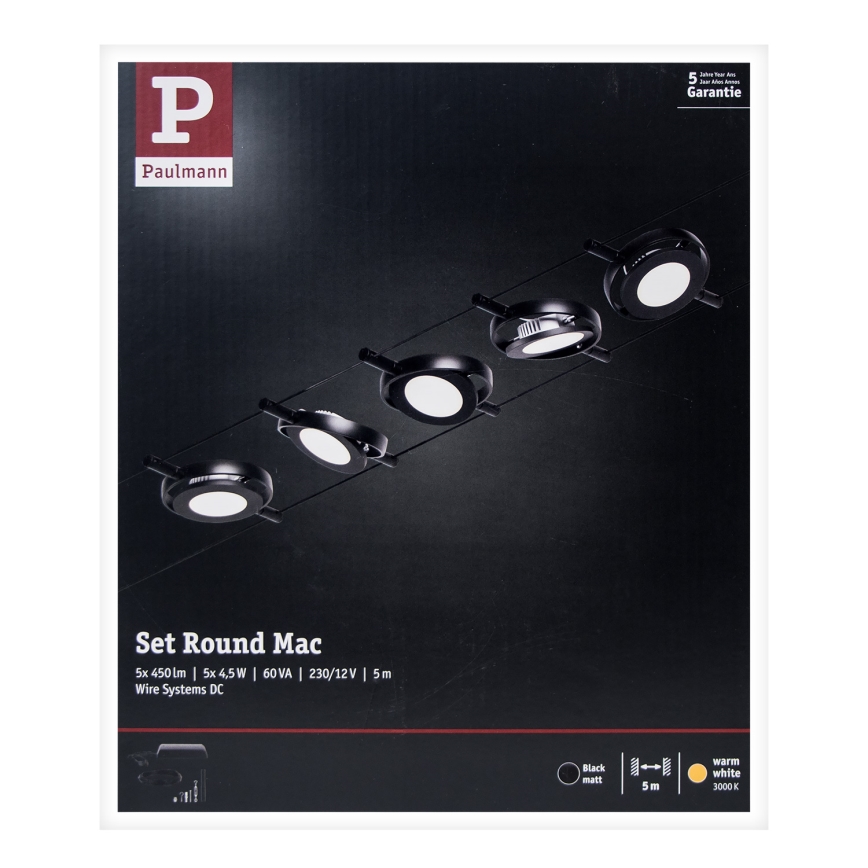 Paulmann 94418 - Komplet 5× LED/4,5 W, kabelski sistem ROUNDMAC 230 V, črn