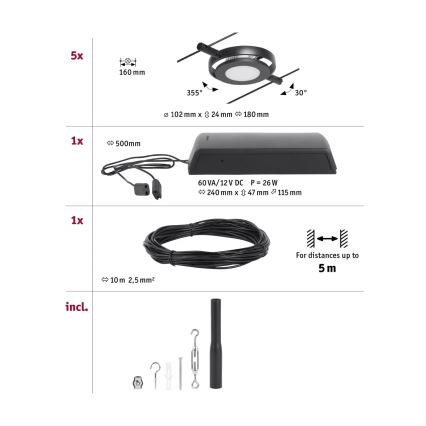 Paulmann 94418 - SET 5xLED/4,5W Reflektor za tračni sistem ROUNDMAC 230V črna