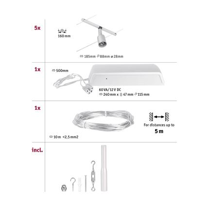 Paulmann 94442 - Komplet 5x GU5,3/10W, popoln kabelski sistem SALT 230V, mat krom